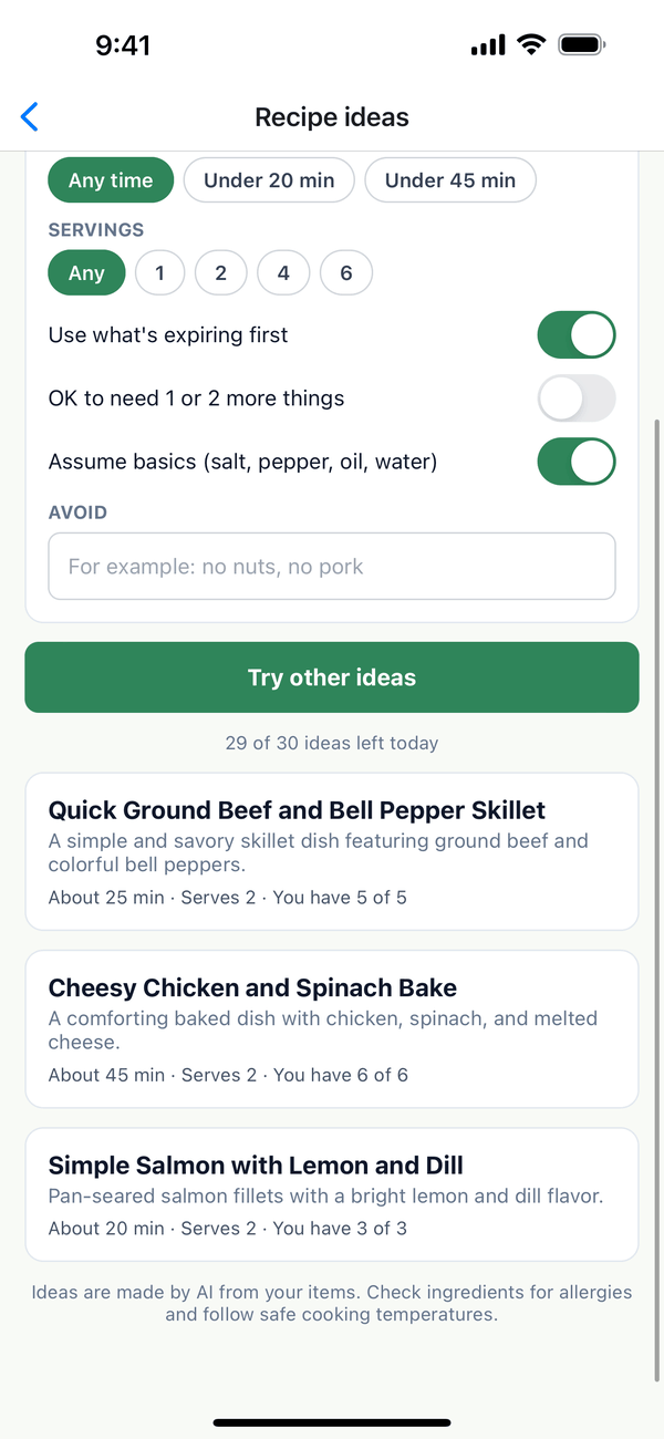 Three recipe ideas, each showing about how many minutes, servings, and You have 5 of 5