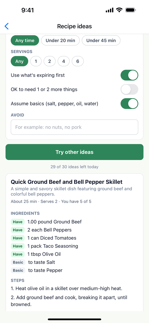 An idea opened, with ingredients marked Have and Basic, and the first steps