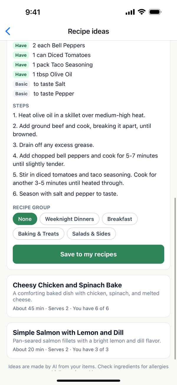 The bottom of an idea with Recipe group choices and Save to my recipes