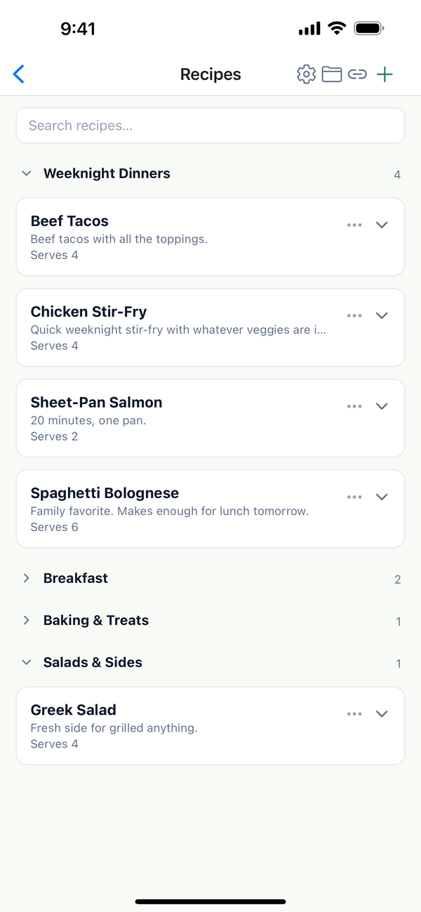 The Recipes screen with Beef Tacos, Chicken Stir-Fry, and other recipes in groups