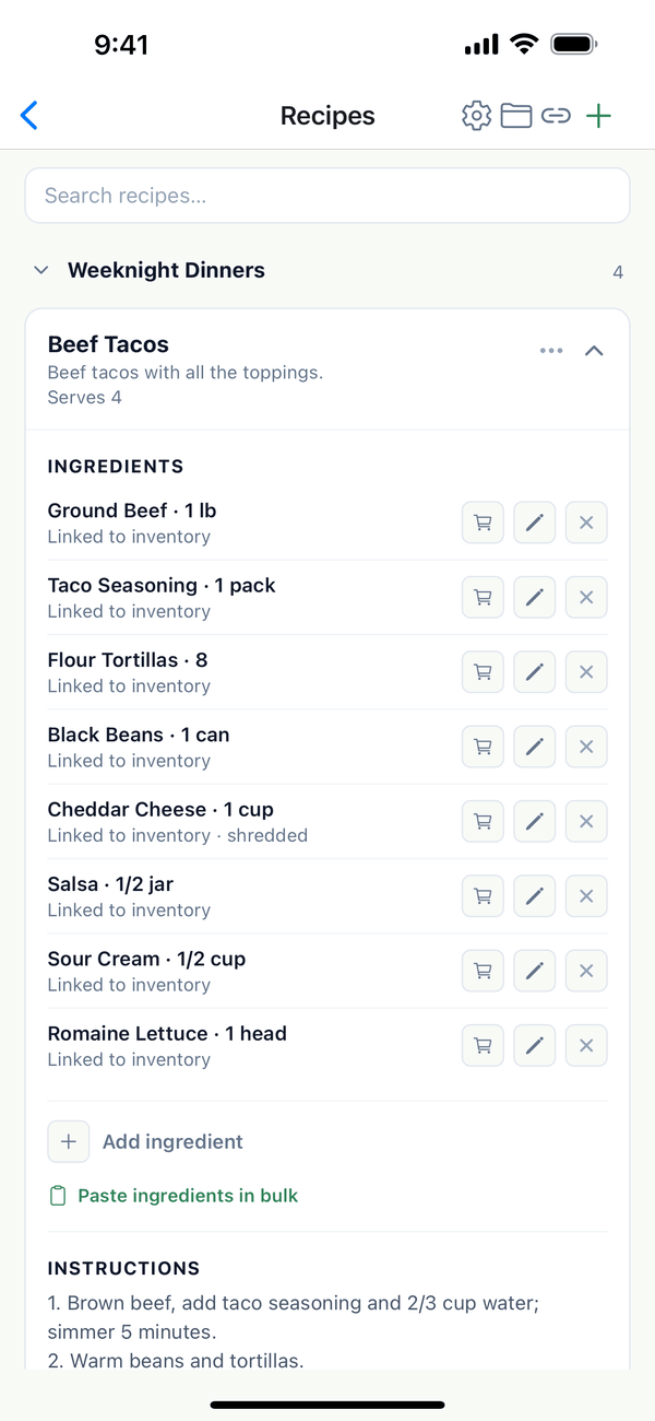 Beef Tacos open, with its ingredients linked to inventory and the instructions below