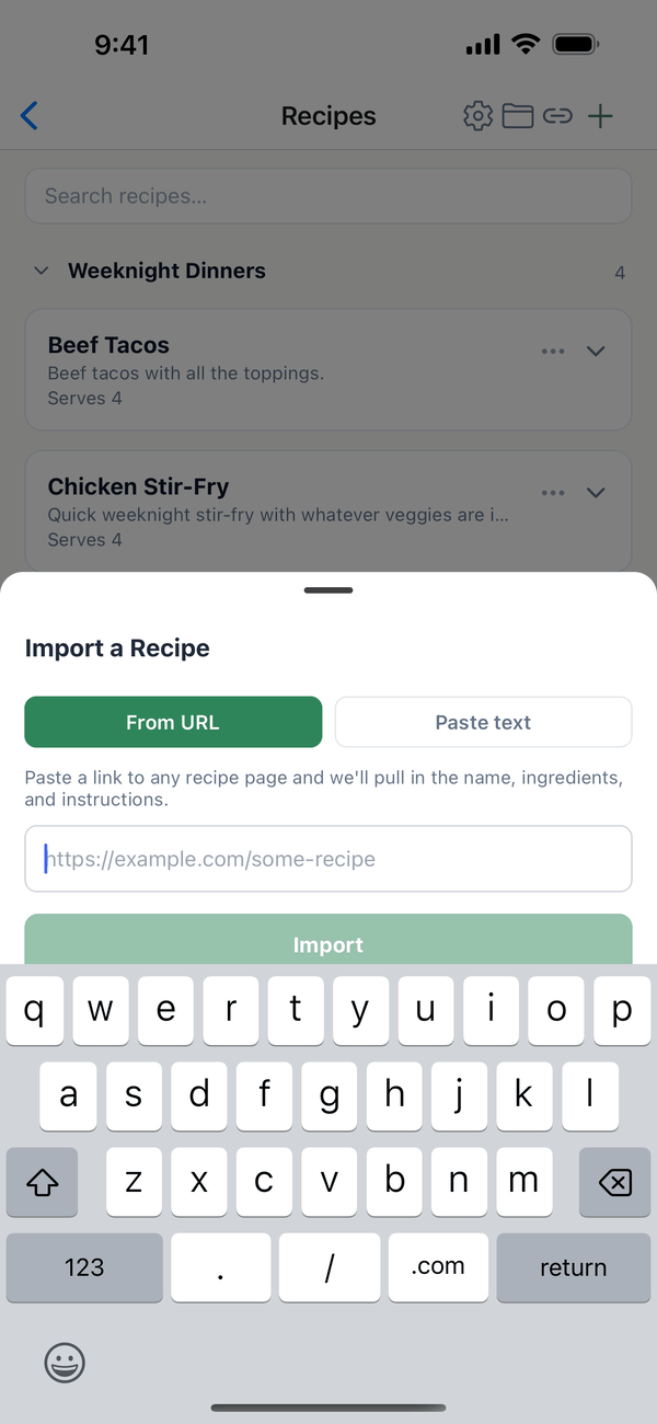 Import a Recipe with From URL and Paste text