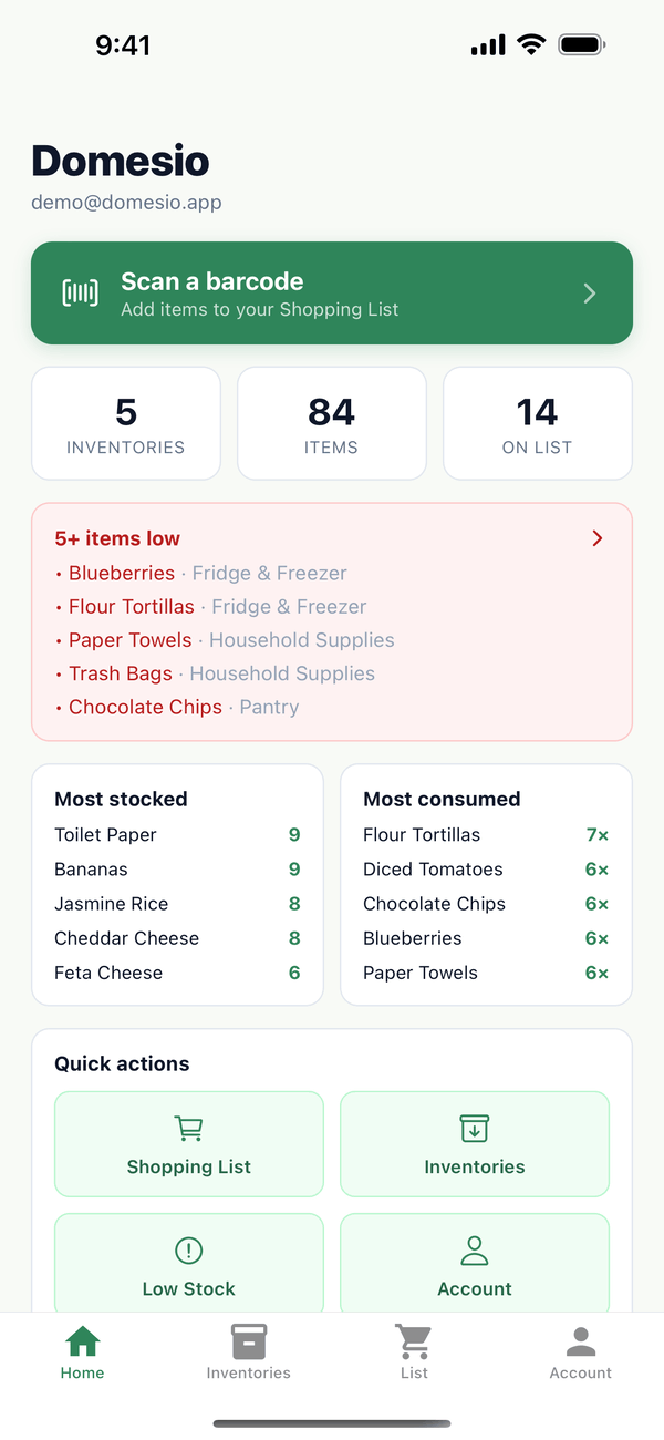 The Home tab with the Scan a barcode button at the top