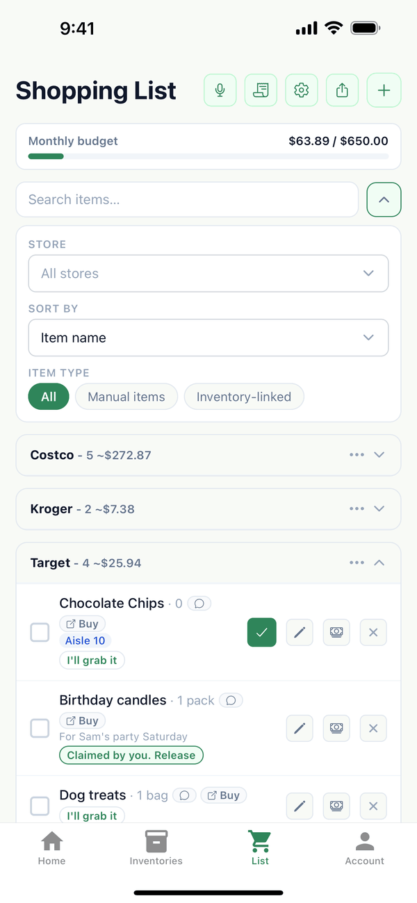 The shopping list filters: Store, Sort by, and Item type