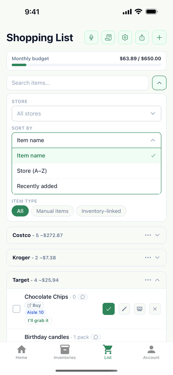 The Sort by list with Item name, Store (A–Z), and Recently added