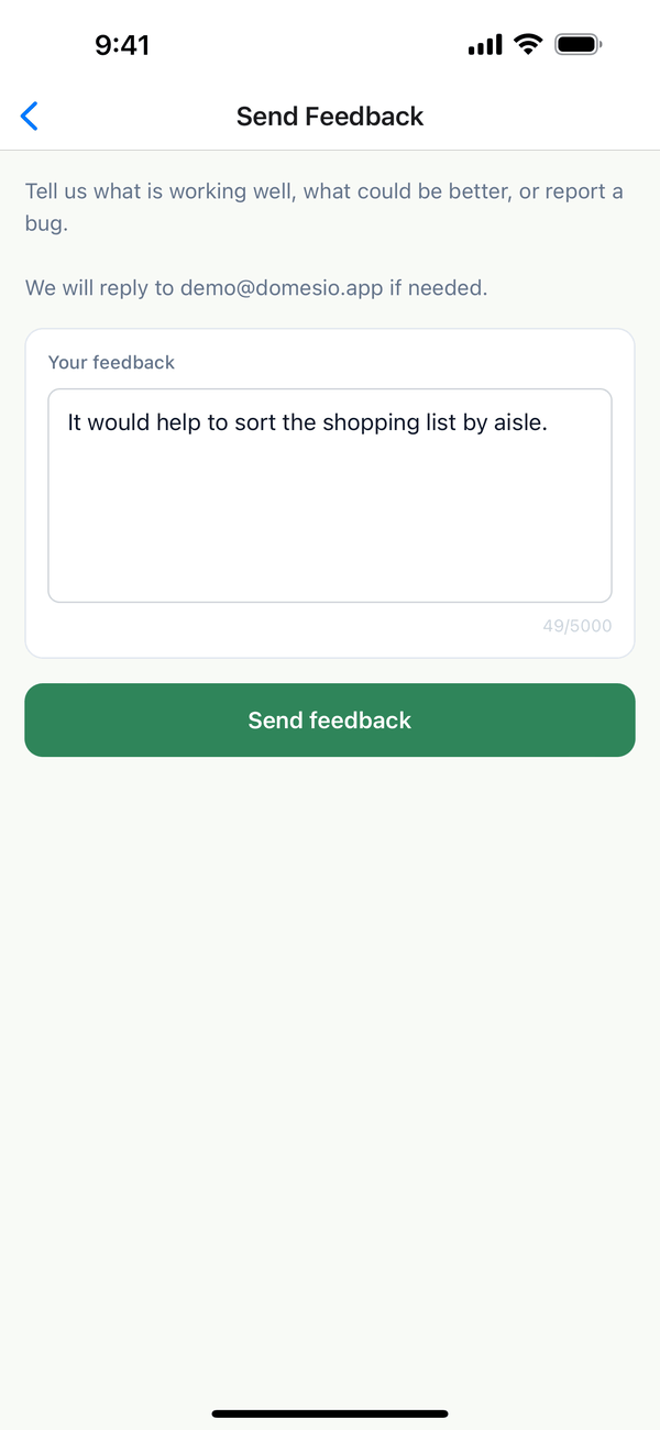 The Send Feedback screen with a message about sorting the shopping list by aisle