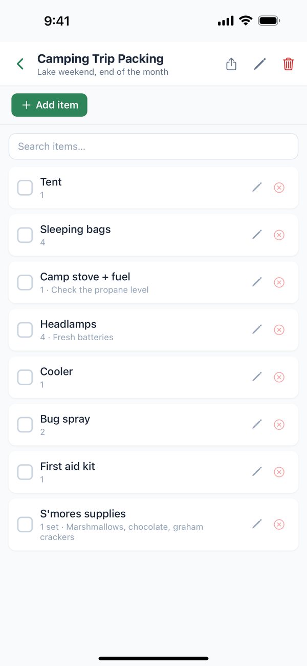 The Camping Trip Packing list with the share button at the top