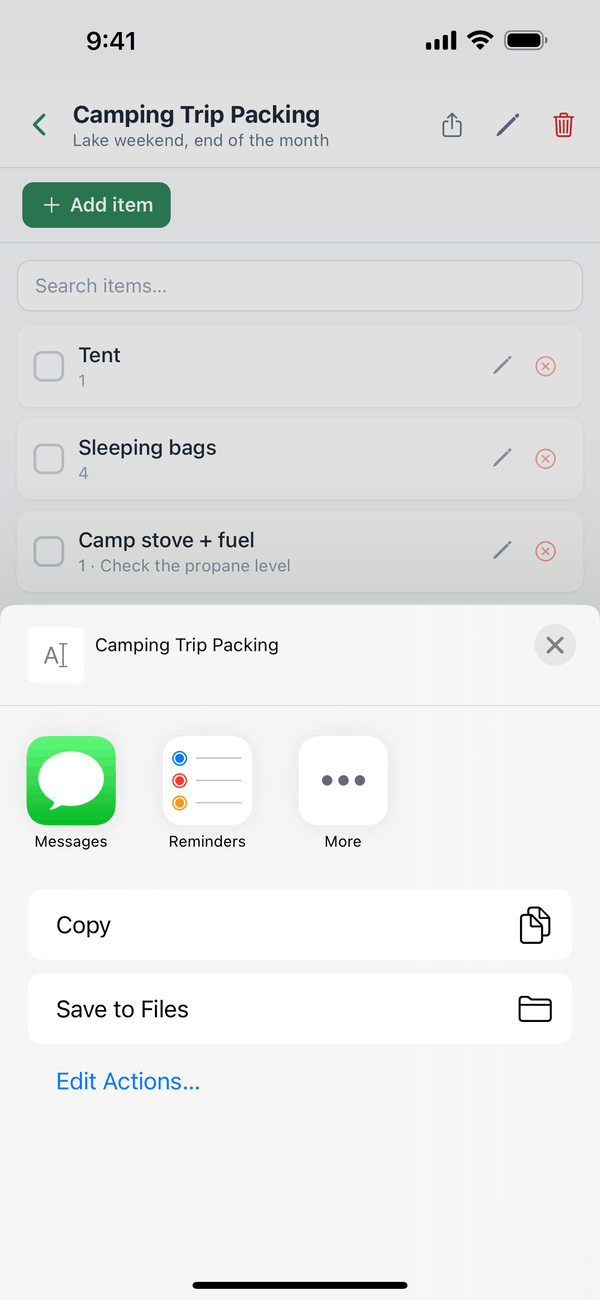The share sheet for Camping Trip Packing with Messages, Copy, and more
