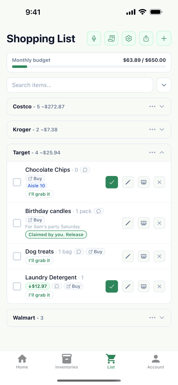 The shopping list with Costco, Kroger, Target, and Walmart groups