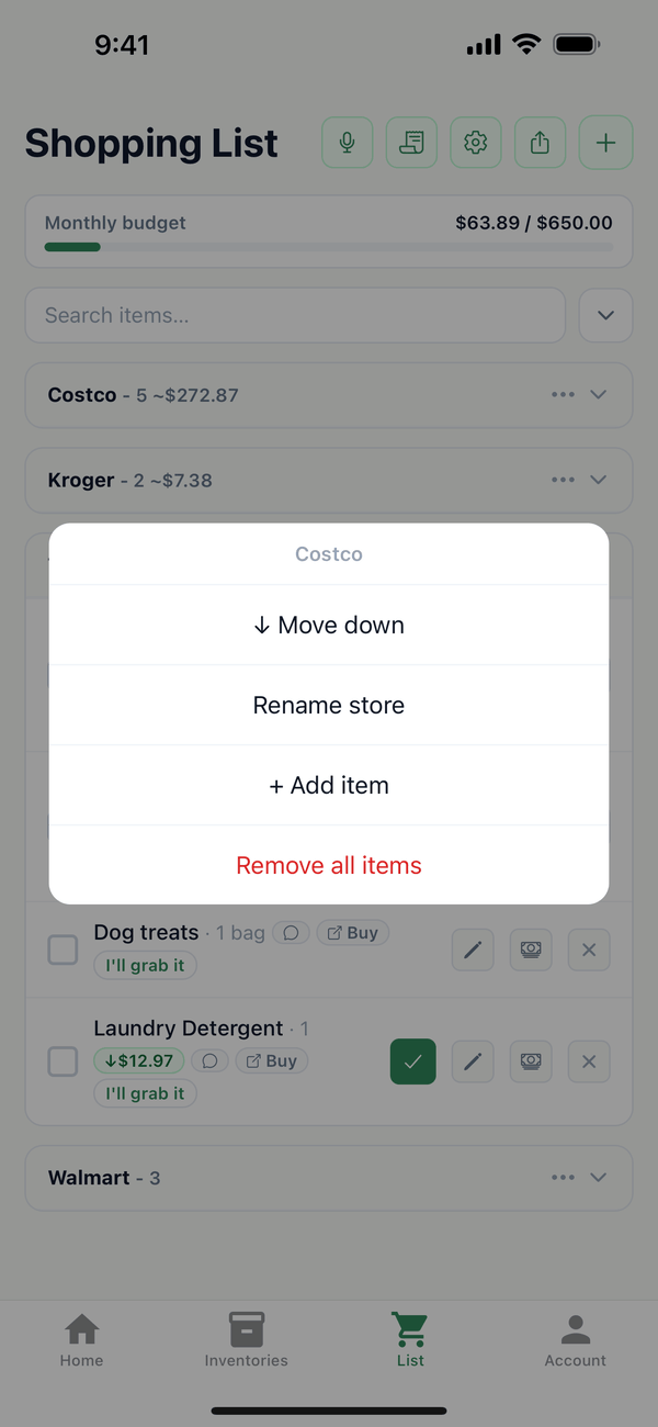The Costco menu with Move down, Rename store, + Add item, and Remove all items