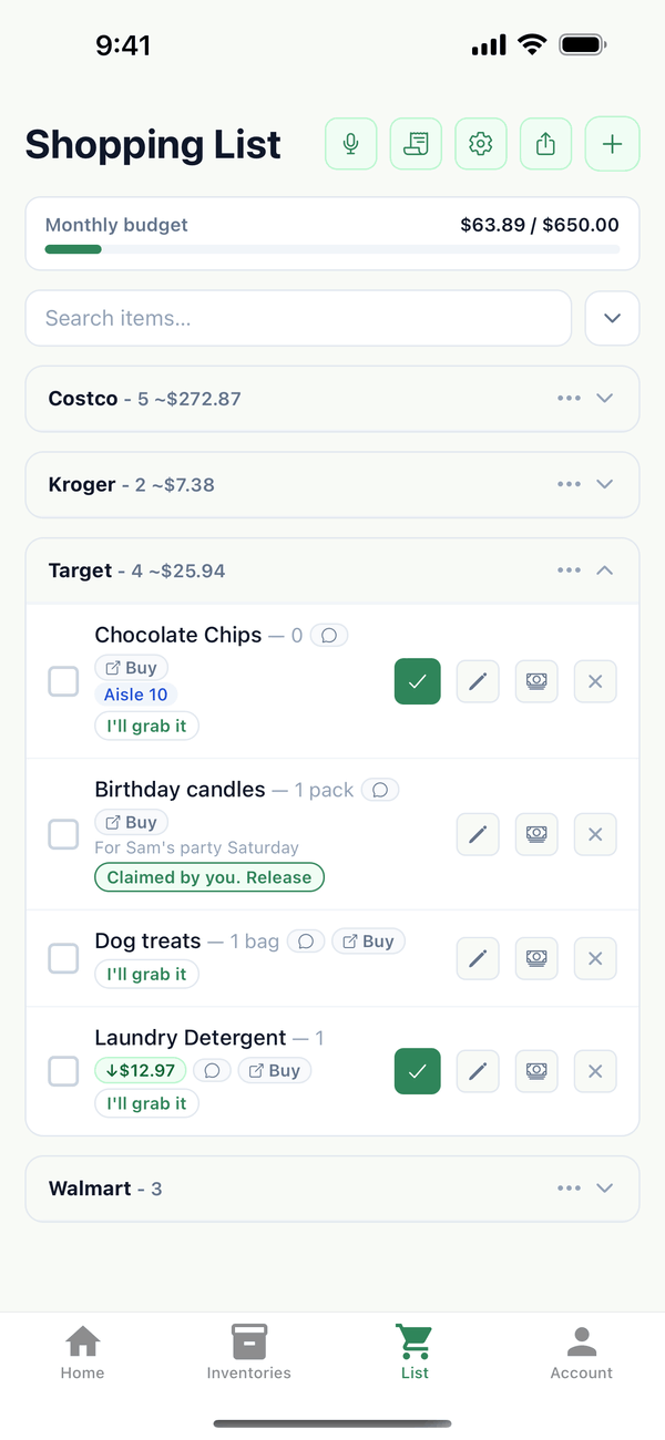 The Shopping List grouped by store, with the monthly budget at the top