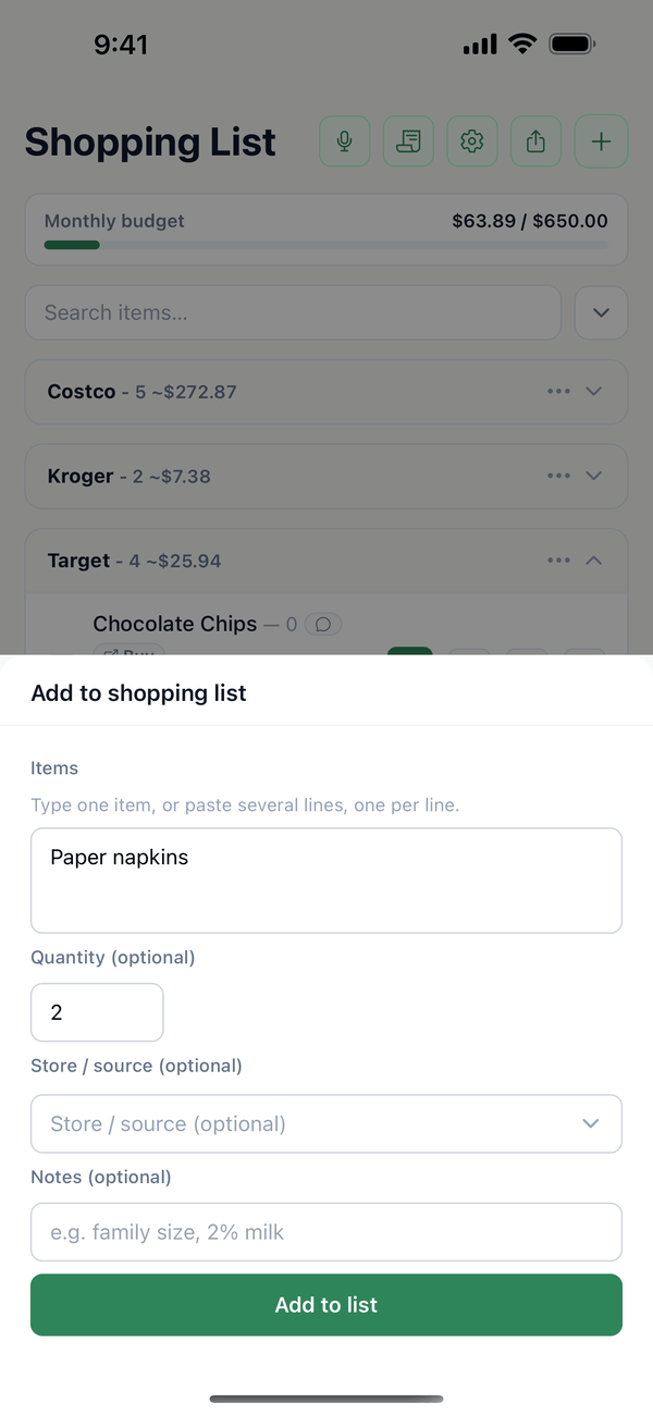 The Add to shopping list sheet with Paper napkins and a quantity of 2