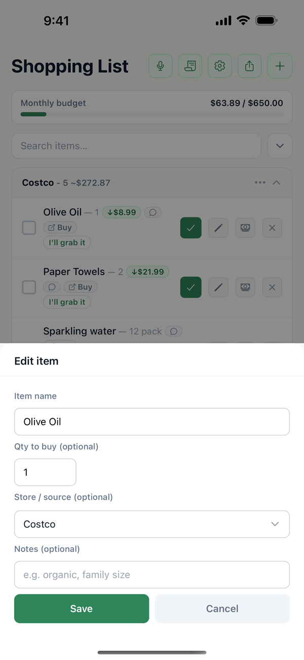 The Edit item sheet for Olive Oil with Qty to buy set to 1