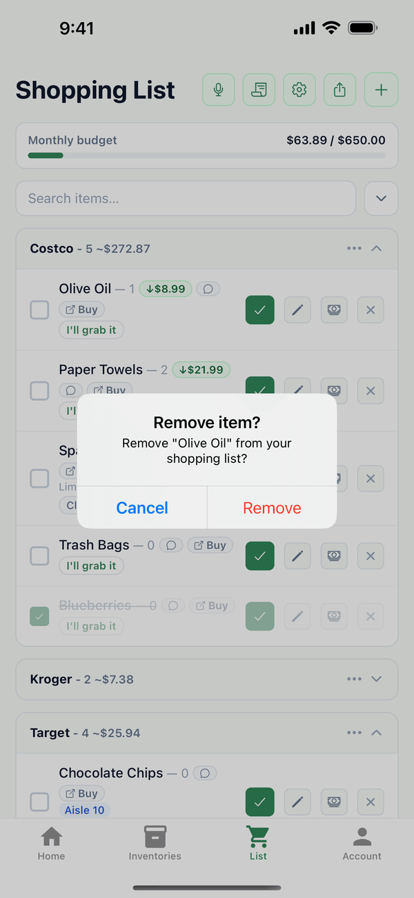 The Remove item? question for Olive Oil with Cancel and Remove