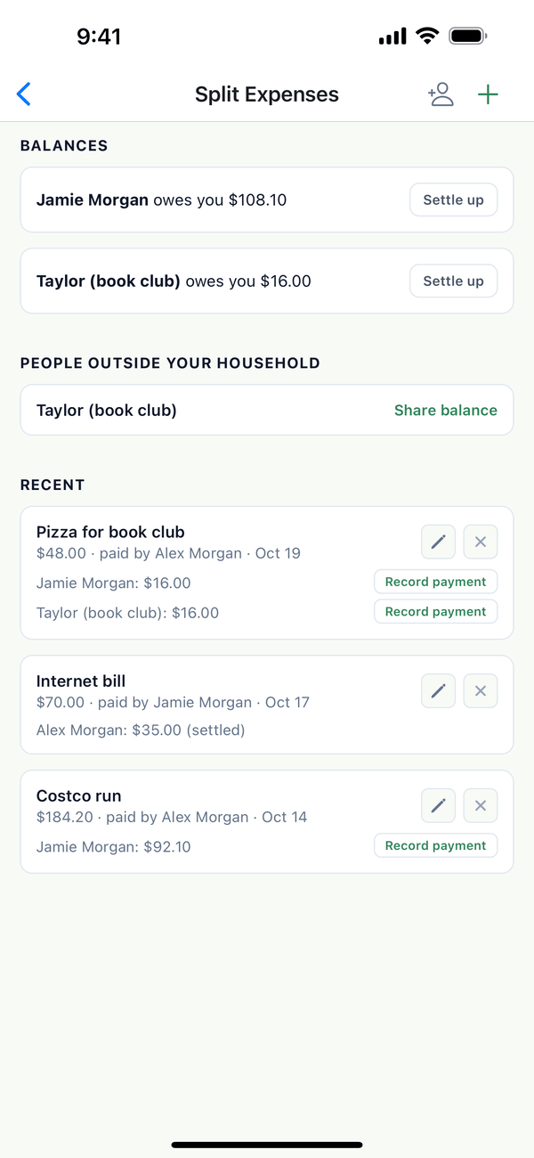 Split Expenses: Jamie Morgan owes you $108.10, Taylor (book club) owes you $16.00, and the recent expenses
