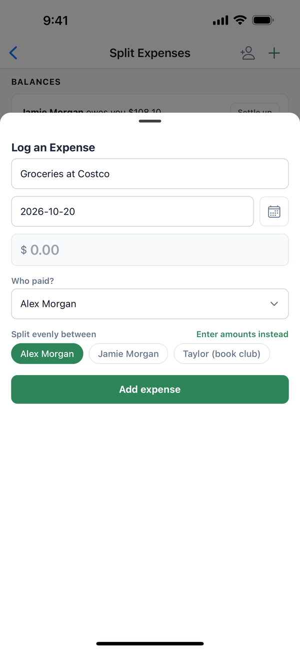 Log an Expense for Groceries at Costco, paid by Alex Morgan, with Alex, Jamie, and Taylor to split between