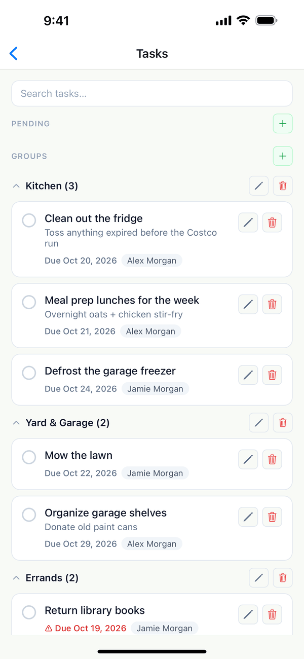 The Tasks screen with Kitchen and Yard & Garage groups