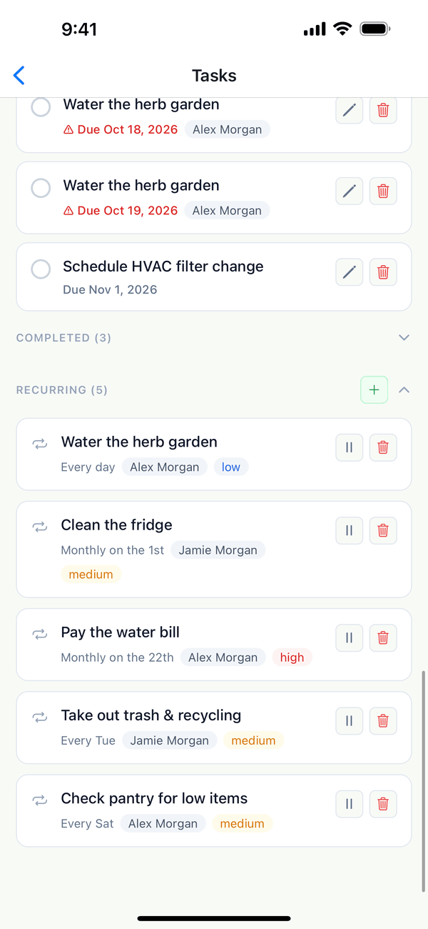 The Recurring section with Water the herb garden, Pay the water bill, and other repeating chores